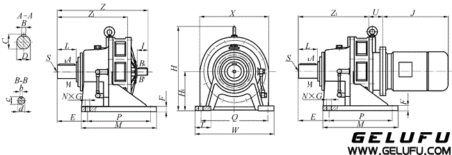 BW12、BWD12、BW15、BWD15、BW18、BWD18、BW22、BWD22、BW27、BWD27、BW33、BWD33、BW39、WD39、BW45、BWD45、BW55、BWD55上海變速機械廠標準行星擺線針輪減速機外形及安裝尺寸