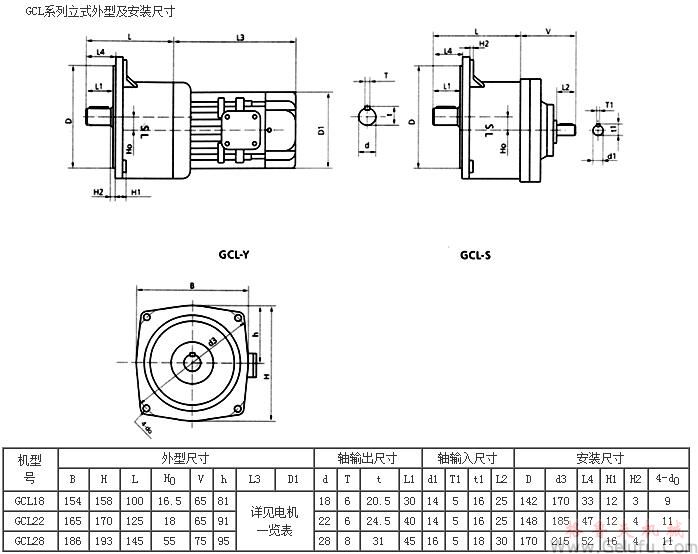GCL18、GCL22、GCL28係列立式外型及安裝尺寸