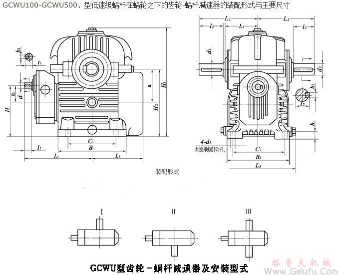 GCWU100-GCWU500、型低速級(jí)蝸桿在蝸輪之下的齒輪-蝸桿減速機(jī)的裝配形式與主要尺寸（JB/T7008-1993）