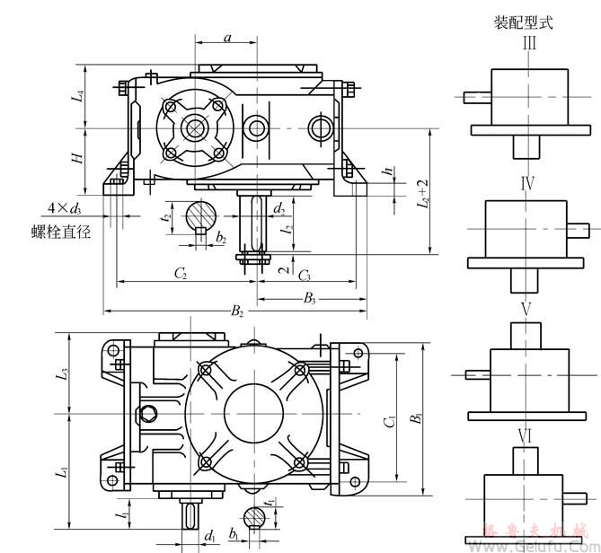 KWS32、KWS40、KWS50、KWS63、KWS80、KWS100、型錐面包絡(luò)圓柱蝸桿減速機的外形安裝尺寸和裝配型式Ⅲ&mdash;ⅥJB/T 5559－91