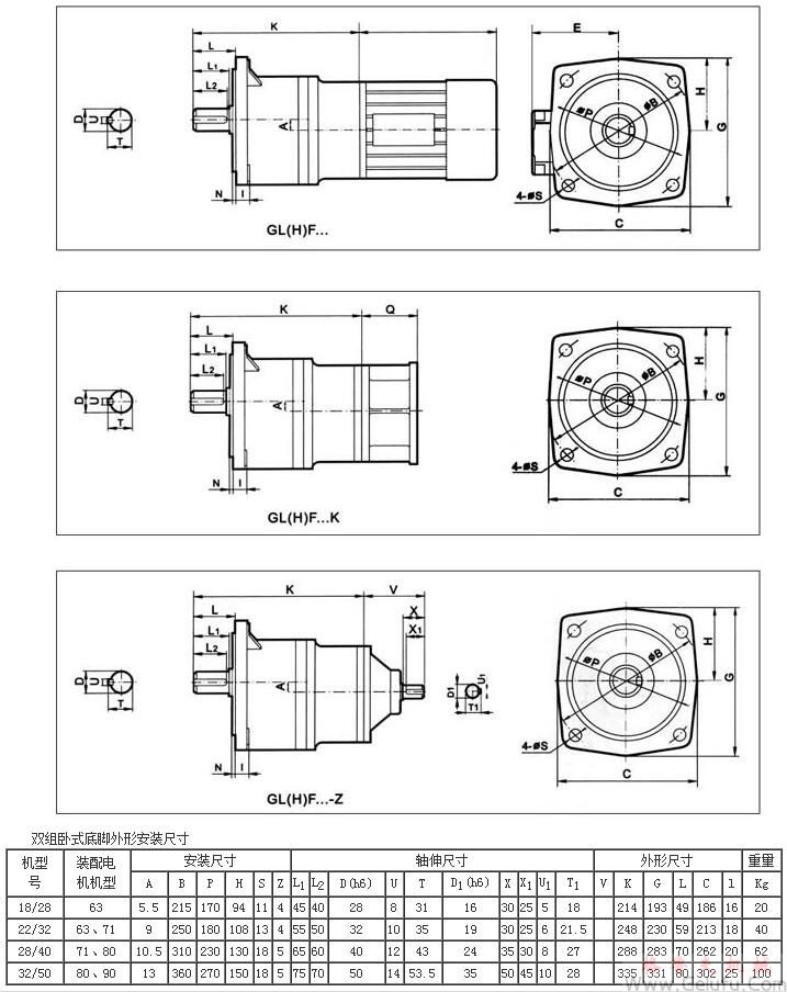 MG系列全封閉齒輪減速機雙組臥式底腳外形安裝尺寸