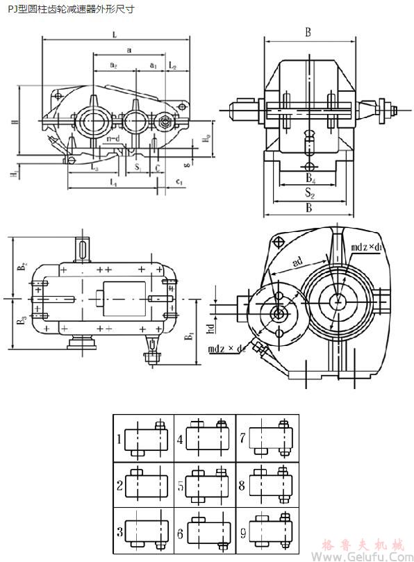 PJ250、PJ350、PJ400、PJ500、PJ650、PJ750、PJ850、PJ1000圓柱齒輪減速機外形尺寸