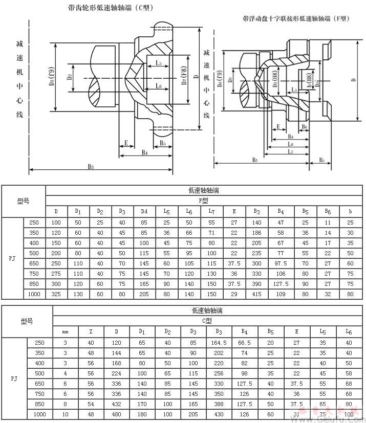 PJ250、PJ350、PJ400、PJ500、PJ650、PJ750、PJ850、PJ1000輸入輸出軸端尺寸