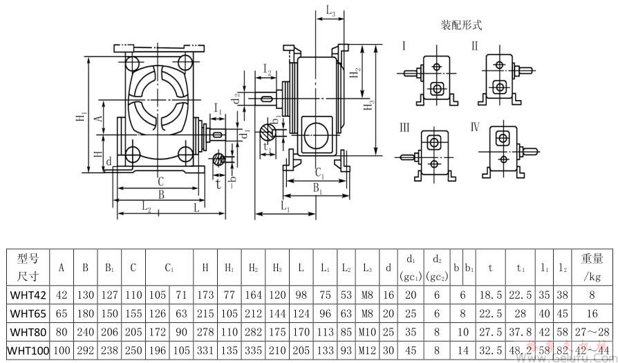 WHT42、WHT65、WHT80、WHT100型圓弧圓柱蝸桿減速機(jī)I&mdash;IV式安裝型式及尺寸JB2318&mdash;79