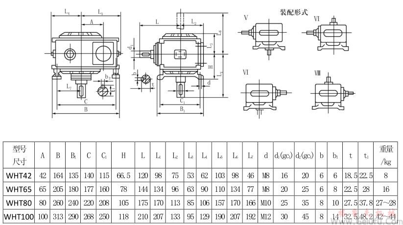 WHT42、WHT65、WHT80、WHT100型圓弧圓柱蝸桿減速機(jī)Ⅴ&mdash;Ⅷ式安裝型式及尺寸JB2318&mdash;79