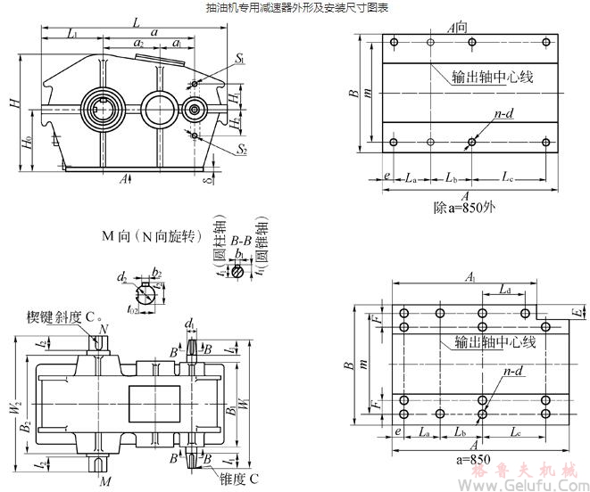 抽油機專用減速機外形及安裝尺寸圖表 抽油機專用減速機外形及安裝尺寸圖表