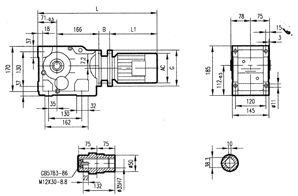 GKAB47型斜齒輪弧齒錐齒輪減速電機(jī)安裝結(jié)構(gòu)圖尺寸