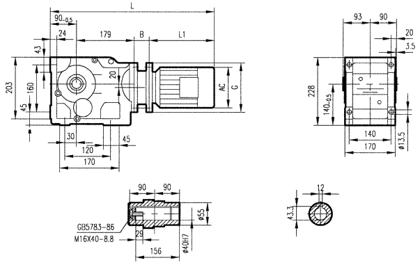 GKAB67型斜齒輪弧齒錐齒輪減速電機(jī)安裝結(jié)構(gòu)圖尺寸